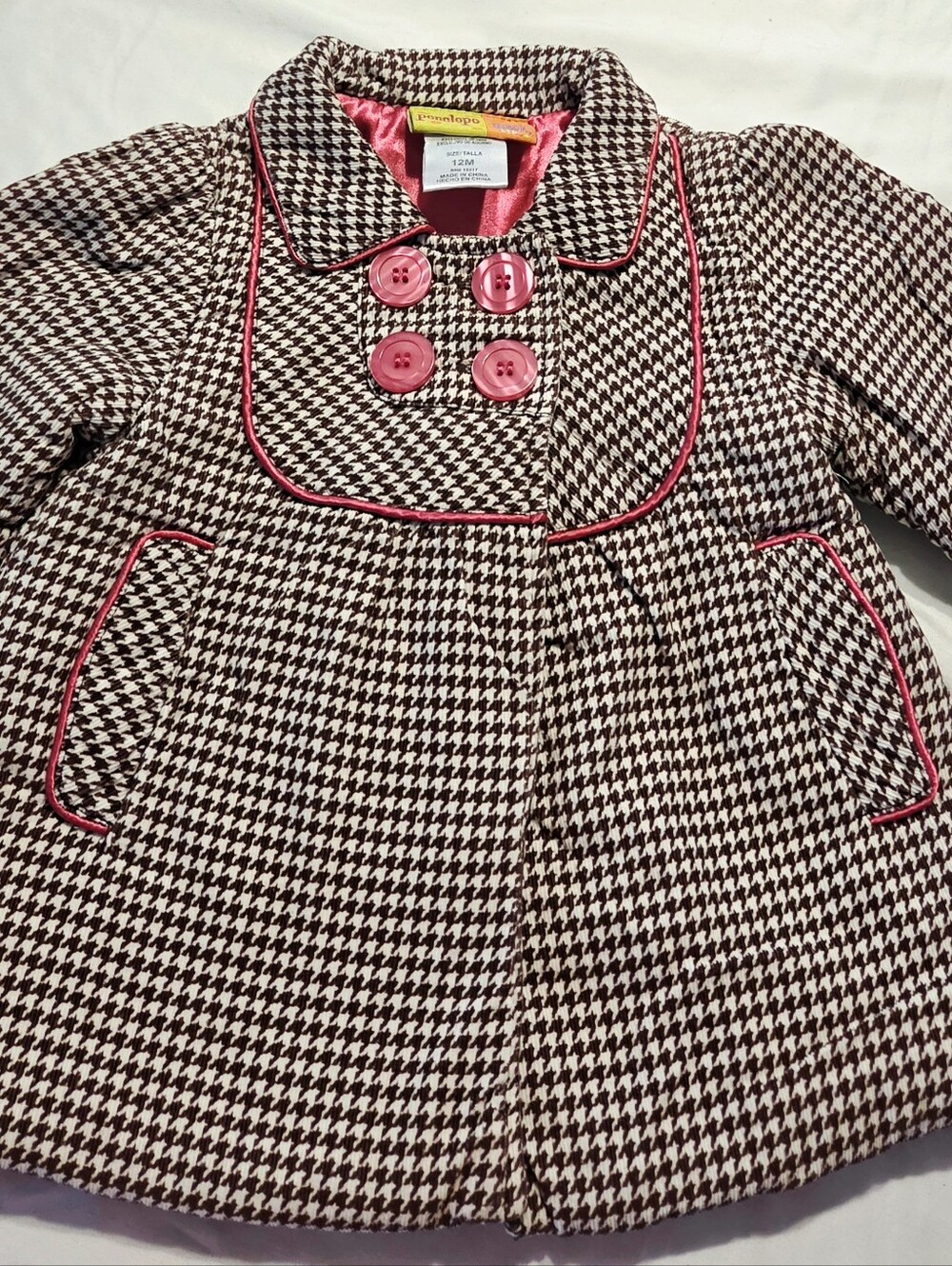 Penelope Mack Brown Houndstooth Pea Coat with Pink Trim